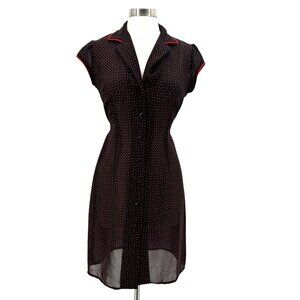Vintage Jody Kristopher Womens 7/8 Dress Sheer Polka Dot Black Red Button Retro